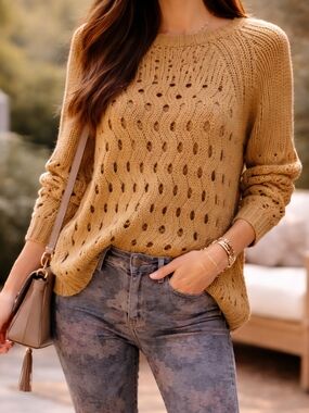 Mustard Brown Open Knit Sweater | Chunky Texture Pullover | Boho Cozy Layer | Lg